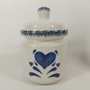 Blue Sponge Heart Jar Canister 9.5" includes lid My Love Gibson Stoneware White